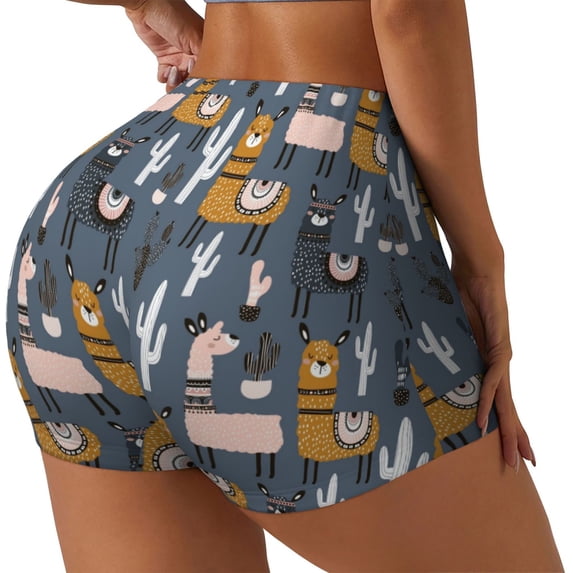 Haiem Llama and Cactus No Front Seam Biker Shorts for Women Yoga Workout Gym Bike Shorts with Tummy Control Moisture-Wicking-Small