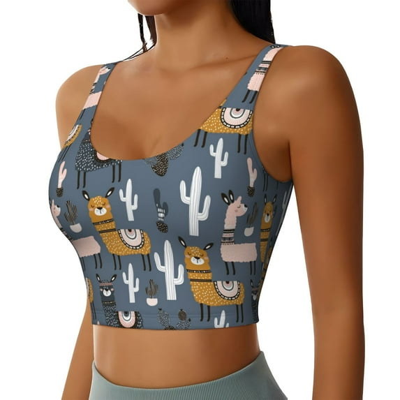 Haiem Llama and Cactus Pattern Womens Sports Bra - U Neck Padded Low Impact Yoga Bra Workout Crop Top Gym Moisture-Wicking Workout Vest -Large