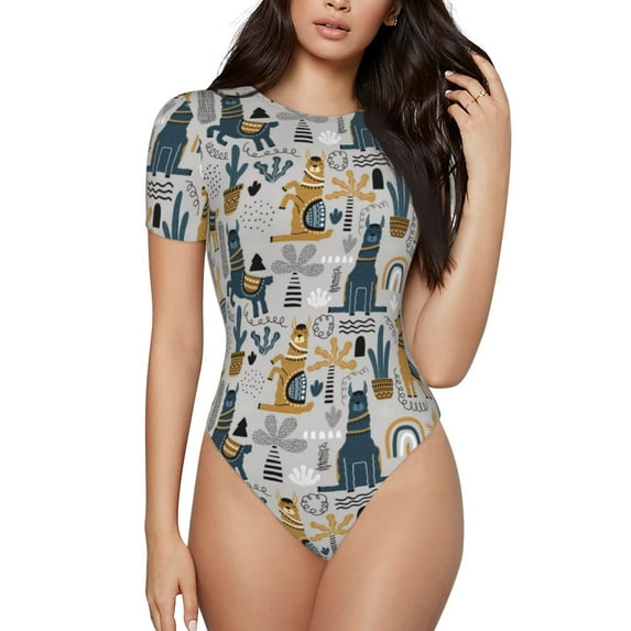 Haiem Llama and Cactus1 Women's Crew Neck Short Sleeve Bodysuit Tops Stretchy Slim Basic-Small