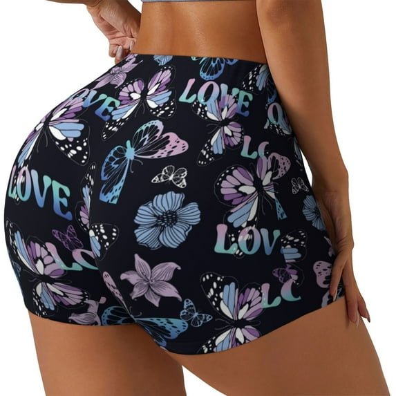Haiem Love Butterflies No Front Seam Biker Shorts for Women Yoga Workout Gym Bike Shorts with Tummy Control Moisture-Wicking-Large