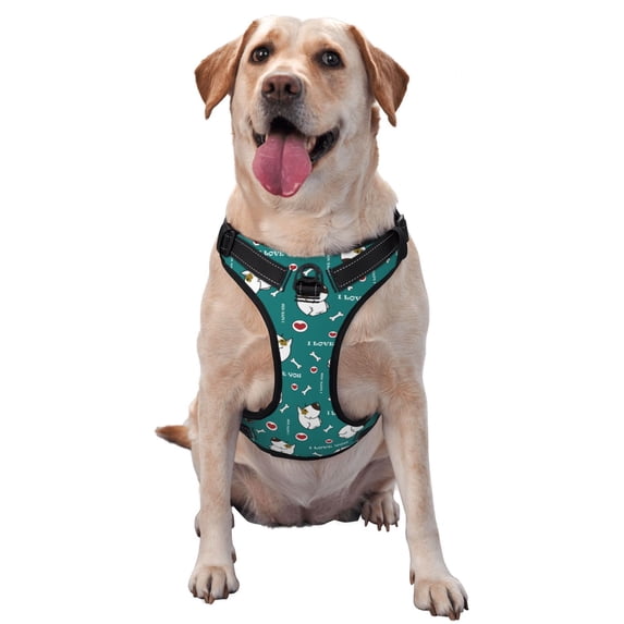 Haiem Love Dog Pattern No-Pull Dog Harness Reflective Front Clip Vest with Handle,Step-in Air Dog Harness,Adjustable 2 Metal Rings 4 Buckles-Large