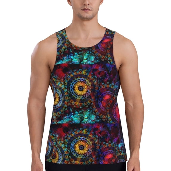 Haiem Mandala Colorful Men Workout Tank Top Gym Bodybuilding Sleeveless Muscle T Shirts Athletic Tank Breathable Workout Shirt-X-Large