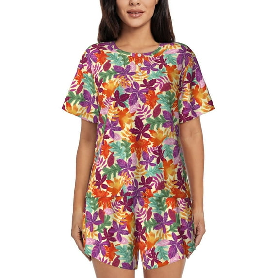 Haiem Maple Leaves Pattern Pajama Set for Women 2 Piece Lounge Set Short Sleeve Tops and Shorts Soft Sleepwear-Small