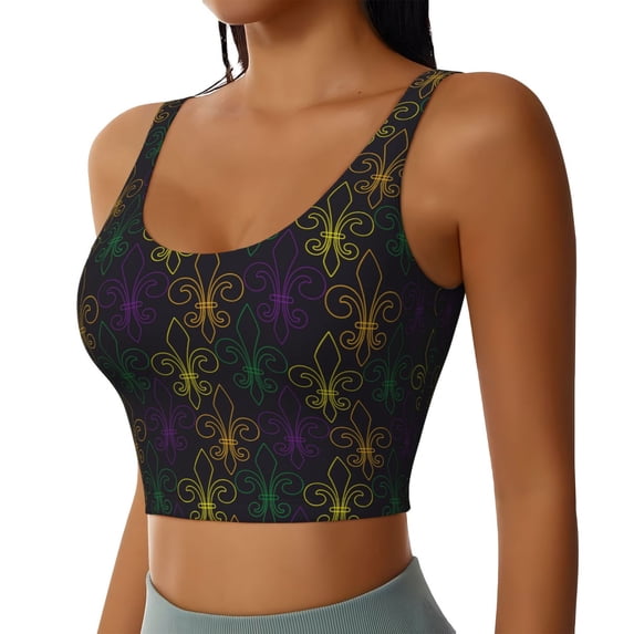 Haiem Mardi Gras Carnival Pattern Womens Sports Bra - U Neck Padded Low Impact Yoga Bra Workout Crop Top Gym Moisture-Wicking Workout Vest -Small