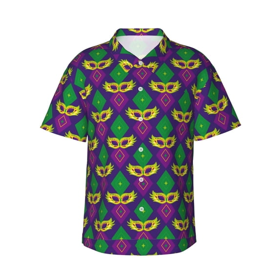 Haiem Mardi Gras Carnival3 Printed Hawaiian Shirt for Men - Men’s Casual Beach Summer Shirts - Stretch Fabric with Modern Fit-Large