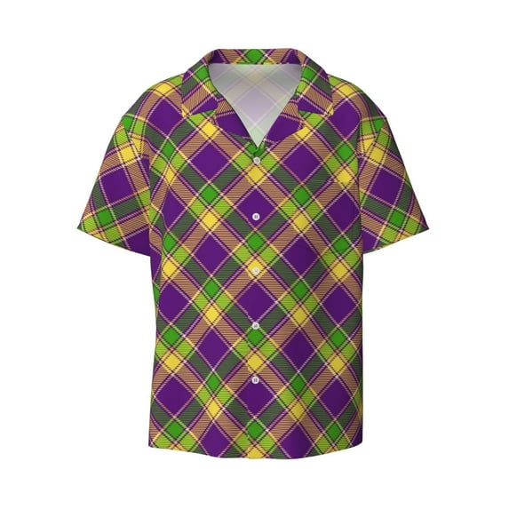 Haiem Mardi Gras Plaid Men's Casual Shirts Short Sleeve Button Down Shirts Fashion Textured Summer Beach Shirt-Large