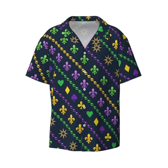 Haiem Mardi Gras Strings of Beads Men's Casual Shirts Short Sleeve Button Down Shirts Fashion Textured Summer Beach Shirt-Large