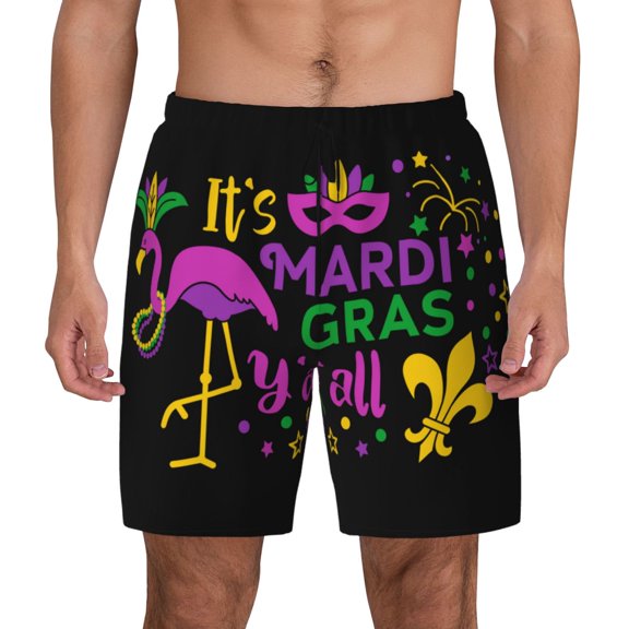 Haiem Mardi Gras with Flamingo Mens Swim Trunks with Compression Liner 2 in 1 Swimming Shorts Stretch Swimwear Quick Dry,Board Shorts-Small