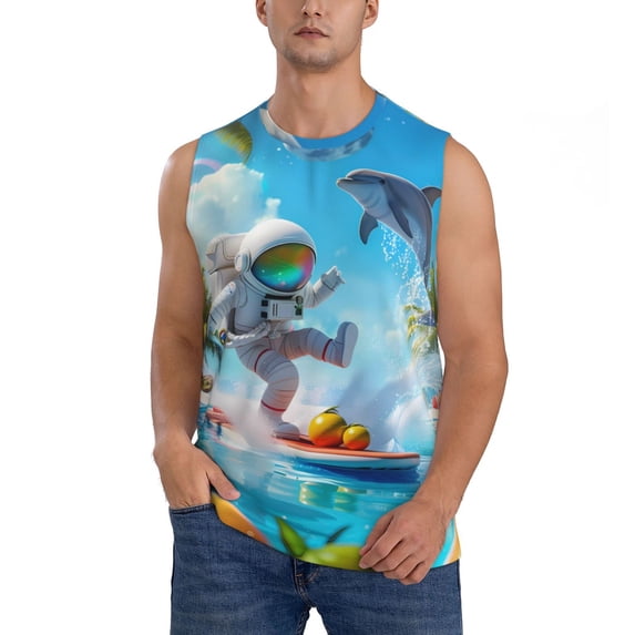Haiem Men's Astronaut Tropical Dolphin Print Tank Tops Summer Sleeveless Cut Off Workout T-Shirts Fitness Vest Athletic Undershirts-Small
