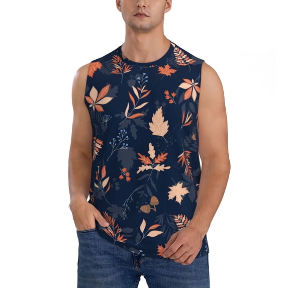 Haiem Men's Autumn Leaves With Blue Print Tank Tops Summer Sleeveless Cut Off Workout T-Shirts Fitness Vest Athletic Undershirts-X-Large