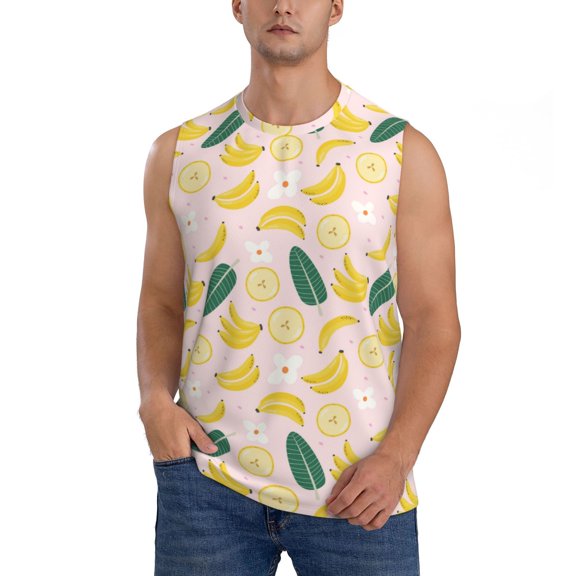 Haiem Men's Banana With Leaves Print Tank Tops Summer Sleeveless Cut Off Workout T-Shirts Fitness Vest Athletic Undershirts-Medium
