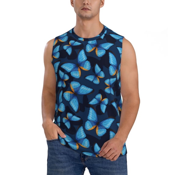 Haiem Men's Blue Butterfly Print Tank Tops Summer Sleeveless Cut Off Workout T-Shirts Fitness Vest Athletic Undershirts-X-Large