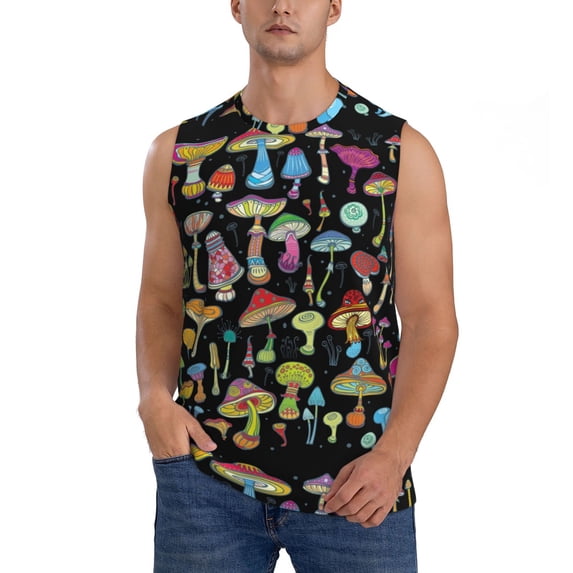 Haiem Men's Bright Mushrooms Print Tank Tops Summer Sleeveless Cut Off Workout T-Shirts Fitness Vest Athletic Undershirts-Medium