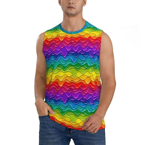 Haiem Men's Bright Rainbow Print Tank Tops Summer Sleeveless Cut Off Workout T-Shirts Fitness Vest Athletic Undershirts-X-Large