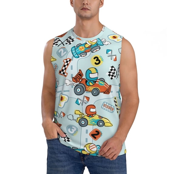 Haiem Men's Cartoon Car Racing Print Tank Tops Summer Sleeveless Cut Off Workout T-Shirts Fitness Vest Athletic Undershirts-Large