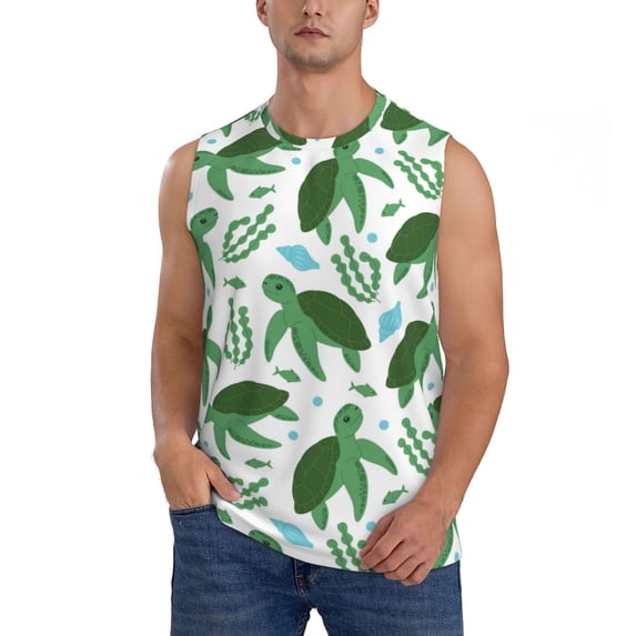Haiem Men's Cartoon Turtle Print Tank Tops Summer Sleeveless Cut Off Workout T-Shirts Fitness Vest Athletic Undershirts-Medium