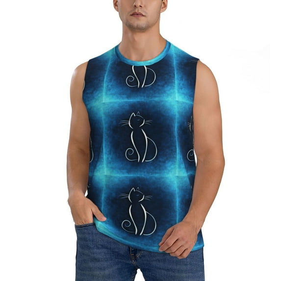 Haiem Men's Cat Sketch Print Tank Tops Summer Sleeveless Cut Off Workout T-Shirts Fitness Vest Athletic Undershirts-Large