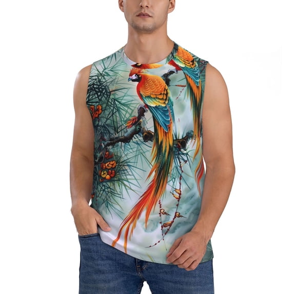 Haiem Men's Colorful Birds Pine Branch Print Tank Tops Summer Sleeveless Cut Off Workout T-Shirts Fitness Vest Athletic Undershirts-XX-Large