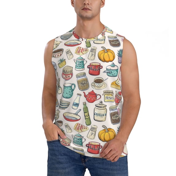 Haiem Men's Cooking Utensils Print Tank Tops Summer Sleeveless Cut Off Workout T-Shirts Fitness Vest Athletic Undershirts-Small