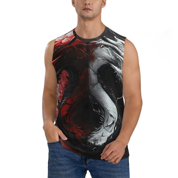 Haiem Men's Cool Black And White Dragon Print Tank Tops Summer Sleeveless Cut Off Workout T-Shirts Fitness Vest Athletic Undershirts-Medium