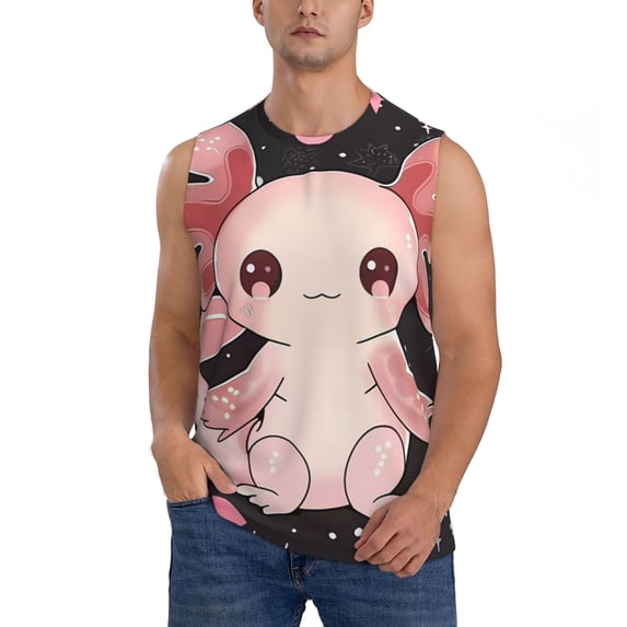 Haiem Men's Cute Axolotl Sakura Blossoms Print Tank Tops Summer Sleeveless Cut Off Workout T-Shirts Fitness Vest Athletic Undershirts-Small