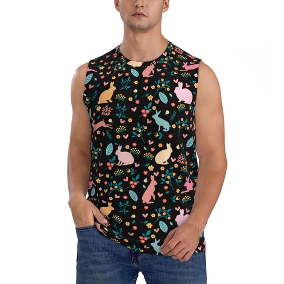 Haiem Men's Cute Rabbit And Flower Print Tank Tops Summer Sleeveless Cut Off Workout T-Shirts Fitness Vest Athletic Undershirts-3X-Large