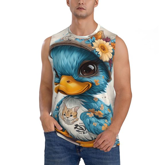 Haiem Men's Cute Sunflower Blue Duck Print Tank Tops Summer Sleeveless Cut Off Workout T-Shirts Fitness Vest Athletic Undershirts-X-Large