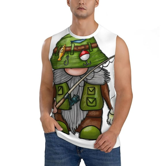 Haiem Men's Fishing Gnome Print Tank Tops Summer Sleeveless Cut Off Workout T-Shirts Fitness Vest Athletic Undershirts-X-Large