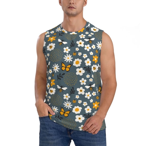 Haiem Men's Flowers and Bee Print Tank Tops Summer Sleeveless Cut Off Workout T-Shirts Fitness Vest Athletic Undershirts-Large
