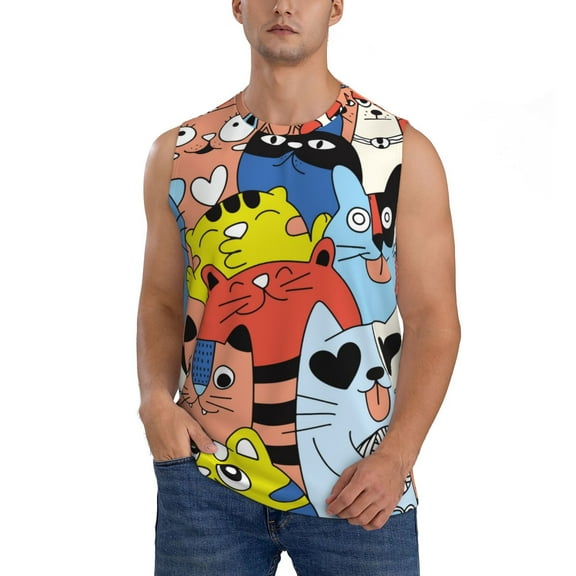 Haiem Men's Funny Cats Print Tank Tops Summer Sleeveless Cut Off Workout T-Shirts Fitness Vest Athletic Undershirts-Large