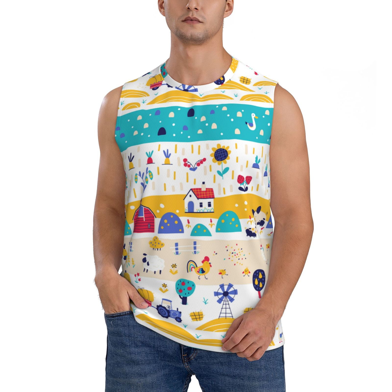 Haiem Men s Funny Farm Print Tank Tops Summer Sleeveless Cut Off Workout T Shirts Fitness Vest Athletic Undershirts XX Large