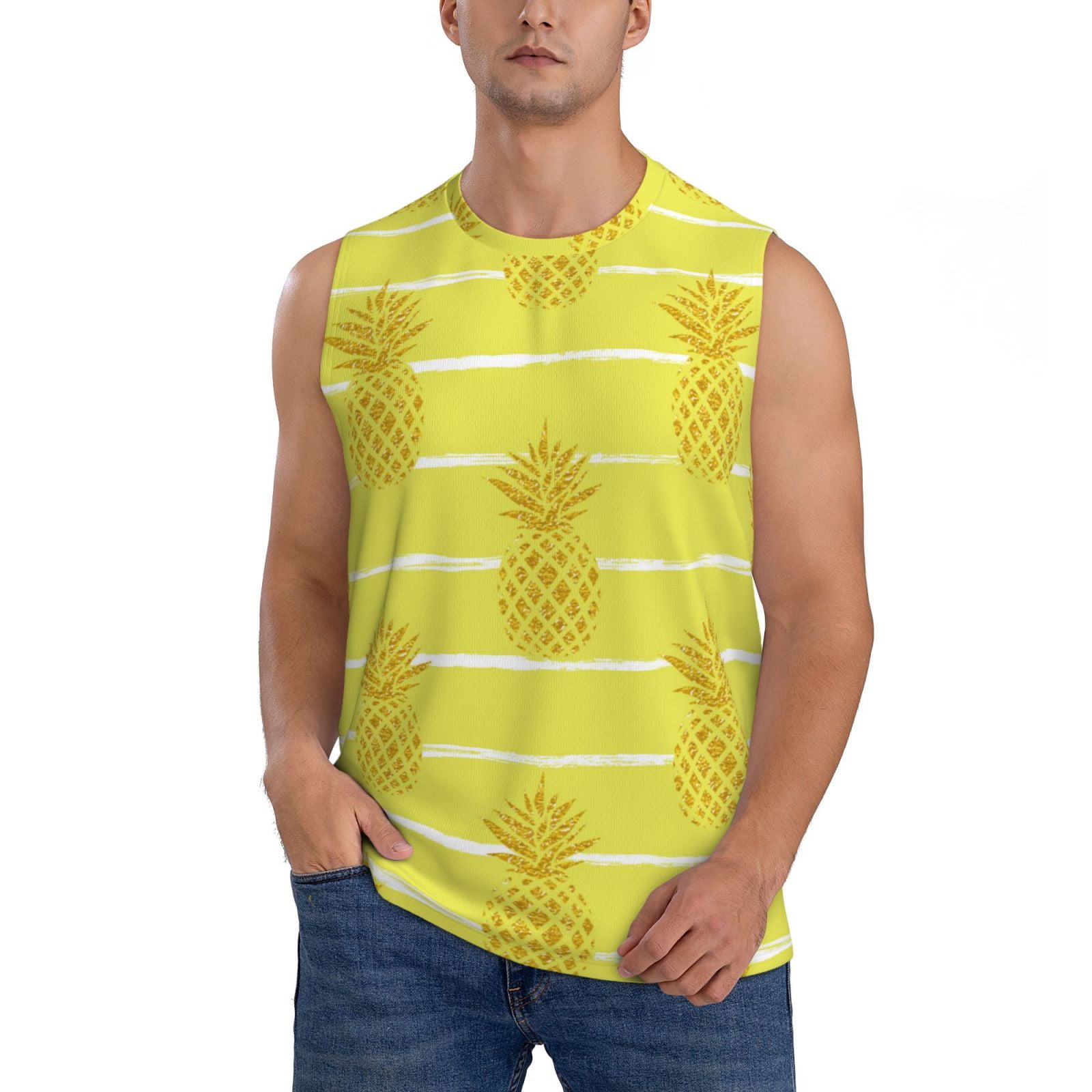 Haiem Men's Gold Pineapple Print Tank Tops Summer Sleeveless Cut Off