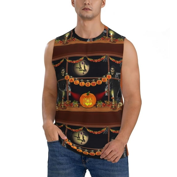 Haiem Men's Halloween Decoration Print Tank Tops Summer Sleeveless Cut Off Workout T-Shirts Fitness Vest Athletic Undershirts-XX-Large