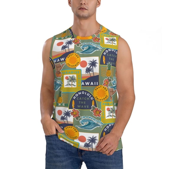 Haiem Men's Hawaiian Style Print Tank Tops Summer Sleeveless Cut Off Workout T-Shirts Fitness Vest Athletic Undershirts-XX-Large