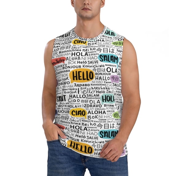 Haiem Men's Hello Print Tank Tops Summer Sleeveless Cut Off Workout T-Shirts Fitness Vest Athletic Undershirts-XX-Large