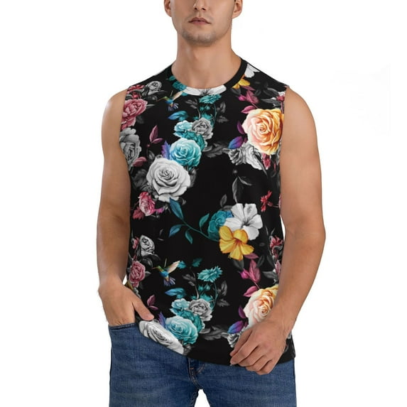 Haiem Men's Hibiscus Rose Print Tank Tops Summer Sleeveless Cut Off Workout T-Shirts Fitness Vest Athletic Undershirts-3X-Large