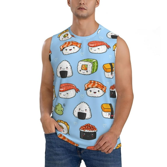 Haiem Men's Kawaii Sushi Print Tank Tops Summer Sleeveless Cut Off Workout T-Shirts Fitness Vest Athletic Undershirts-X-Large