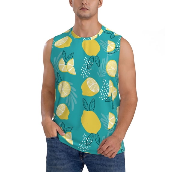 Haiem Men's Lemon Blue Print Tank Tops Summer Sleeveless Cut Off Workout T-Shirts Fitness Vest Athletic Undershirts-3X-Large