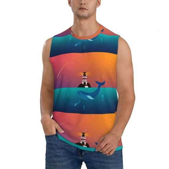 Haiem Men's Lighthouse and Whale Print Tank Tops Summer Sleeveless Cut Off Workout T-Shirts Fitness Vest Athletic Undershirts-3X-Large