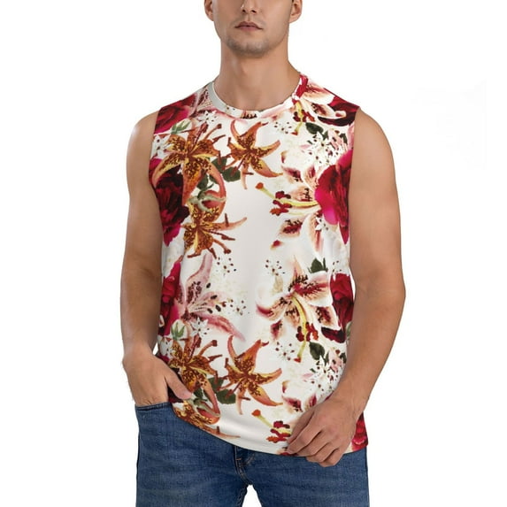 Haiem Men's Lilies Flowers Print Tank Tops Summer Sleeveless Cut Off Workout T-Shirts Fitness Vest Athletic Undershirts-Medium