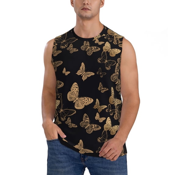 Haiem Men's Modern Golden Butterfly Print Tank Tops Summer Sleeveless Cut Off Workout T-Shirts Fitness Vest Athletic Undershirts-X-Large