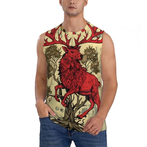 Haiem Men's Mythical Red Stag Illustration Print Tank Tops Summer Sleeveless Cut Off Workout T-Shirts Fitness Vest Athletic Undershirts-XX-Large