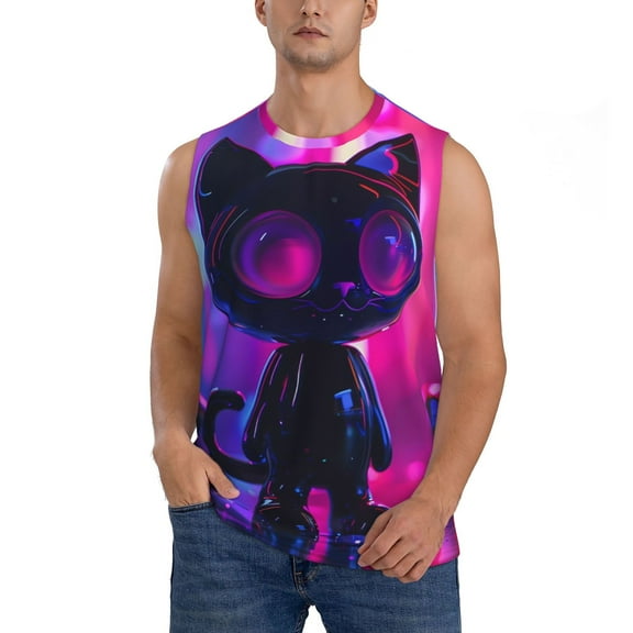 Haiem Men's Neon Toy Cat Reflections Print Tank Tops Summer Sleeveless Cut Off Workout T-Shirts Fitness Vest Athletic Undershirts-Large