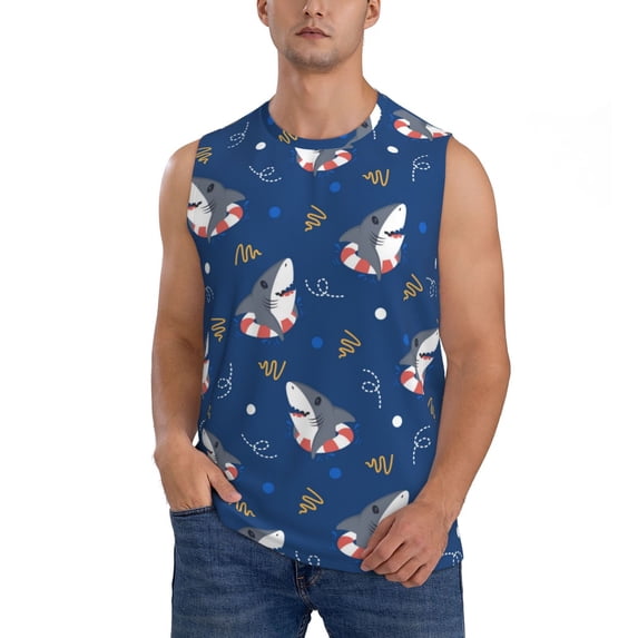 Haiem Men's Party Shark Cute Print Tank Tops Summer Sleeveless Cut Off Workout T-Shirts Fitness Vest Athletic Undershirts-Large
