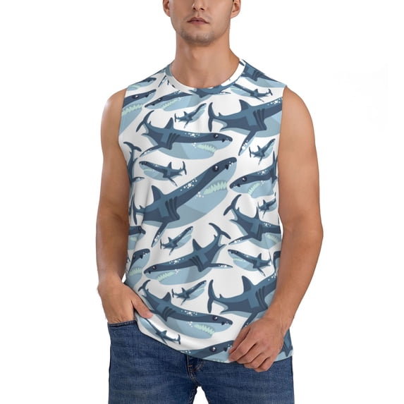 Haiem Men's Party Shark Cute Print Tank Tops Summer Sleeveless Cut Off Workout T-Shirts Fitness Vest Athletic Undershirts-X-Large