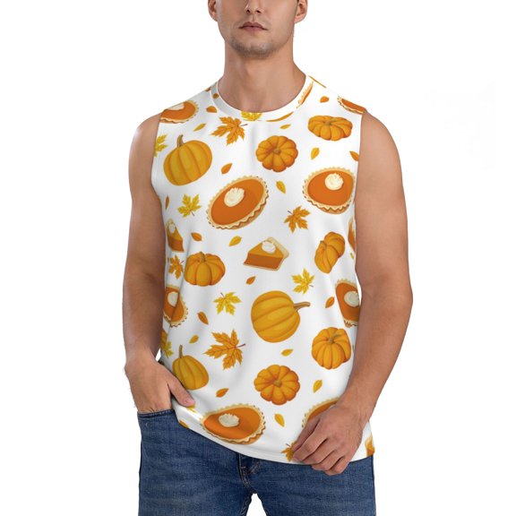 Haiem Men's Pumpkin Maple Leaves Print Tank Tops Summer Sleeveless Cut Off Workout T-Shirts Fitness Vest Athletic Undershirts-X-Large