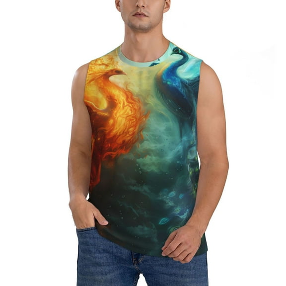 Haiem Men's Red And Blue Fire Peacock Print Tank Tops Summer Sleeveless Cut Off Workout T-Shirts Fitness Vest Athletic Undershirts-Large