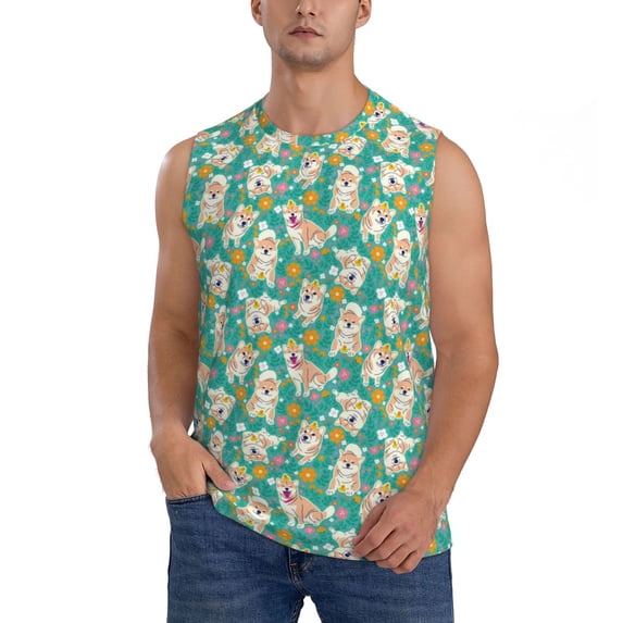 Haiem Men's SHIBA WITH FLORAL Print Tank Tops Summer Sleeveless Cut Off Workout T-Shirts Fitness Vest Athletic Undershirts-X-Large