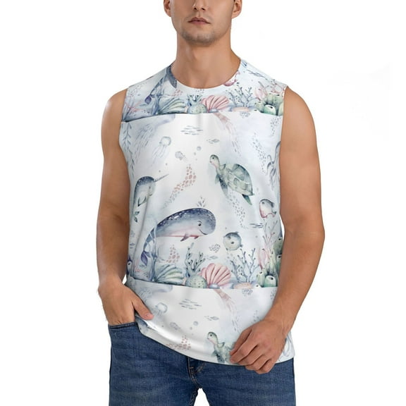 Haiem Men's Sea Animals Print Tank Tops Summer Sleeveless Cut Off Workout T-Shirts Fitness Vest Athletic Undershirts-Small