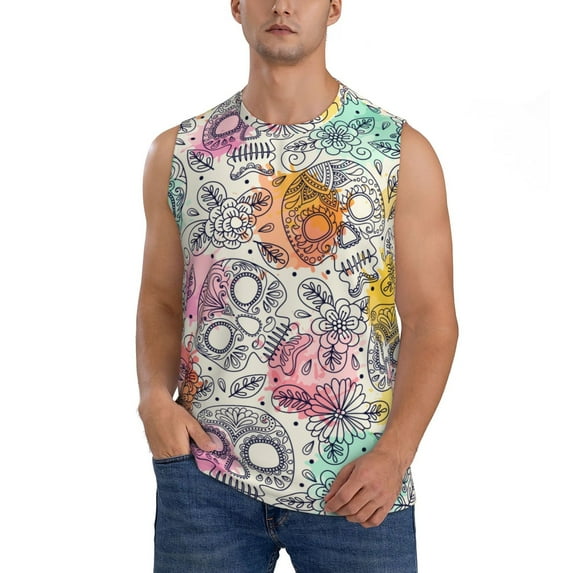 Haiem Men's Skull and Flowers Print Tank Tops Summer Sleeveless Cut Off Workout T-Shirts Fitness Vest Athletic Undershirts-Large